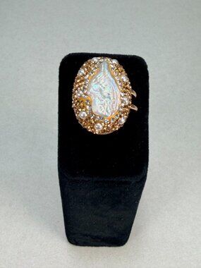 Modern Baroque Pearl Rhinestone Gold Tone Cocktail Ring Adjustable Statement